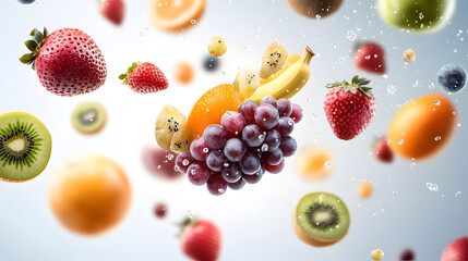 Colorful tropical fruits in dynamic motion, fresh and juicy