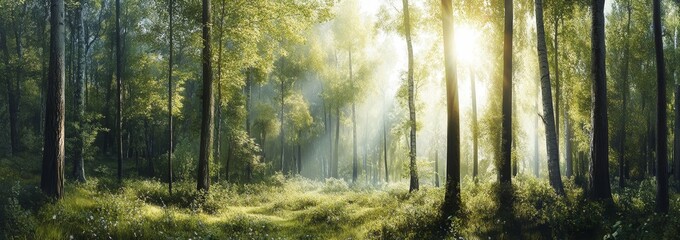 Sunbeams illuminating a misty forest.