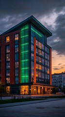 Obraz premium A modern office building with red brick walls and glass windows.