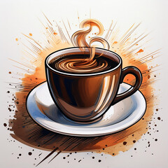 Close up of a steaming mug of coffee on a bright white background