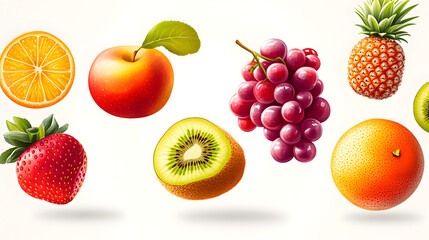 Naklejka premium Realistic flying fruits in colorful motion, tropical freshness