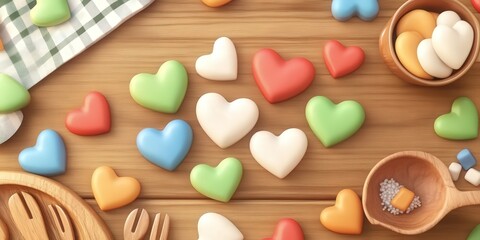 Fototapeta premium Freshly Baked Heart-Shaped Cookies Laid Flat on Wooden Table Surrounded by Colorful Sprinkles and Kitchen Utensils Perfect for Sweet Treats Photography