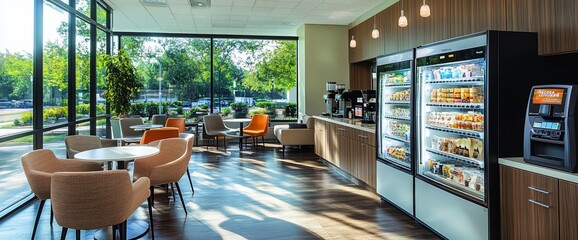 Modern office break room with large windows, comfortable seating, and a well-stocked snack and beverage area.