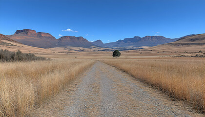 Lone tree on a dirt road leading to mountains under a clear blue sky.