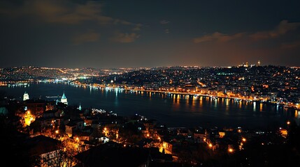 Obraz premium Night cityscape panorama with illuminated buildings and water reflections.