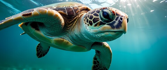 Fototapeta premium A sea turtles face emerging from turquoise water with bubbles and ripples creating texture