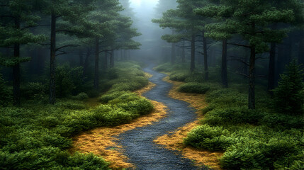 Obraz premium Misty forest path winding through lush greenery.