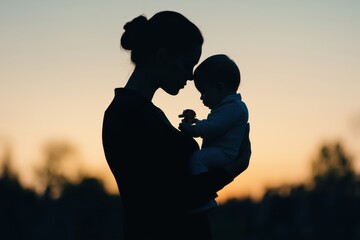Always loved and remembered. A silhouette of a mother cherishing her baby at sunset.