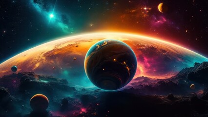 A breathtaking cosmic landscape featuring vibrant planets and colorful nebulae, showcasing the wonders of the universe in stunning detail