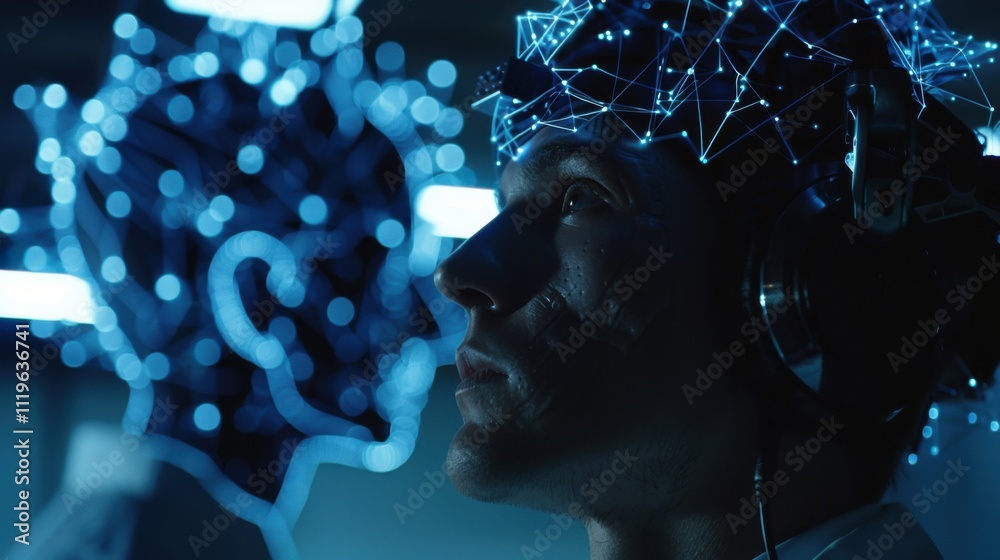 Poster engineer with eeg headset on programming brain transfer into computer virtual world, merging with ar