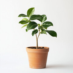 Obraz premium Young lemon plant in terracotta pot against white background.