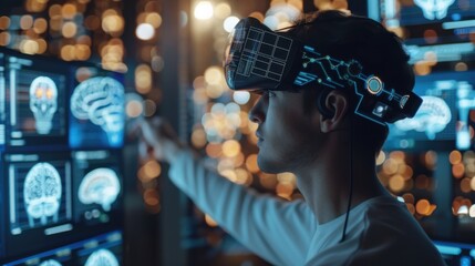 Engineer with EEG headset on programming brain transfer into computer virtual world, merging with artificial intelligence. Transhumanist using neuroscience to gain digital soul