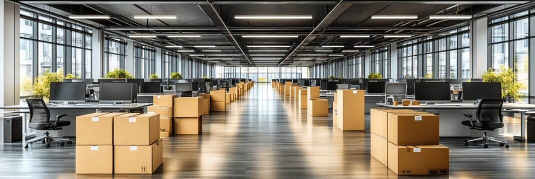 Empty Modern Office Space Packed with Cardboard Boxes During Company Relocation or Move