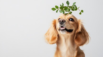 Playful Dog with Leafy Branch on Head in Studio Setting, Capturing Whimsical Energy and Joy of Pets, Perfect for Nature and Animal Lovers