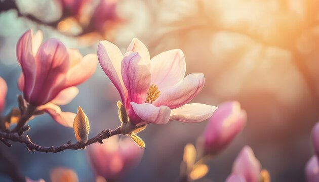 A close-up of a pink magnolia flower in bloom, set against its branch.