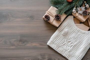 Fototapeta premium A cream knit sweater displayed with festive decor and wrapped presents on a wooden table, exuding warmth and holiday cheer.