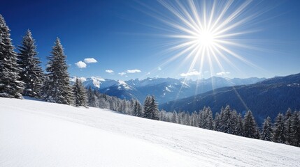 A bright winter landscape with snow-covered mountains and evergreen trees under a clear sky.