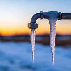 Frozen Winter Sunset Icicles on a Metal Pipe Cold Weather