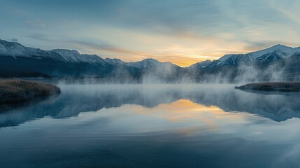 Fototapeta premium High-end photography of a serene lake at dawn, with mist rising from the water and mountains in the background