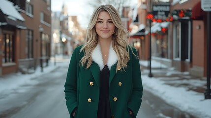 Obraz premium Stylish Woman in Green Coat on Snowy Street Winter Fashion