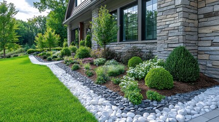 Obraz premium Lush landscaping design featuring diverse plants, stone border, and manicured lawn.