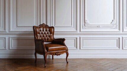 Elegant brown leather armchair with ornate wooden frame and tufted backrest positioned against classic white wall paneling. Herringbone parquet flooring adds timeless sophistication
