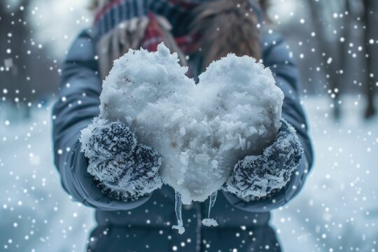 Person holding a heart shaped snowball in snowy weather background removed