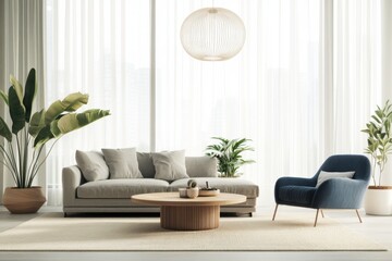 Modern living room minimalist design grey sofa blue armchair wooden coffee tables