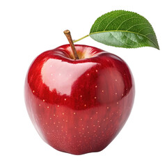 Shiny Red Apple with Green Leaf on Stem