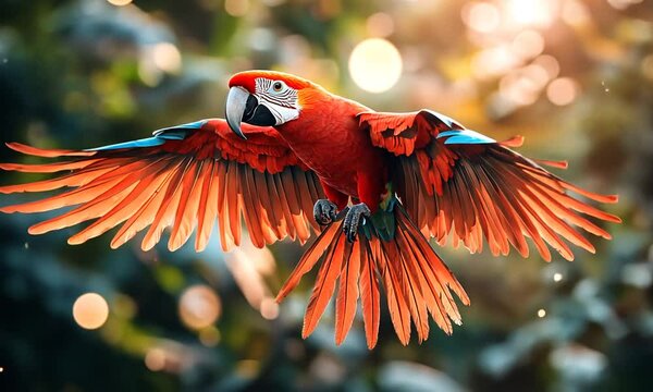 A vibrant red macaw in flight, showcasing its colorful feathers against a blurred background.