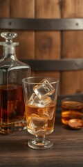 Glass of whiskey with ice cubes, elegant decanter, and wooden barrel in the background, ice