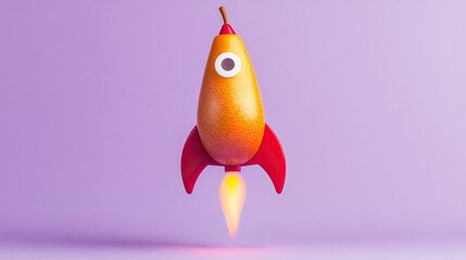 A pear launches like a rocket in this bold pop art collage against a purple background. Creative minimal aesthetic for a fresh, modern look.