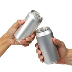 Clinking Aluminum Beverage Cans in Cheers. Two hands clinking aluminum cans together.