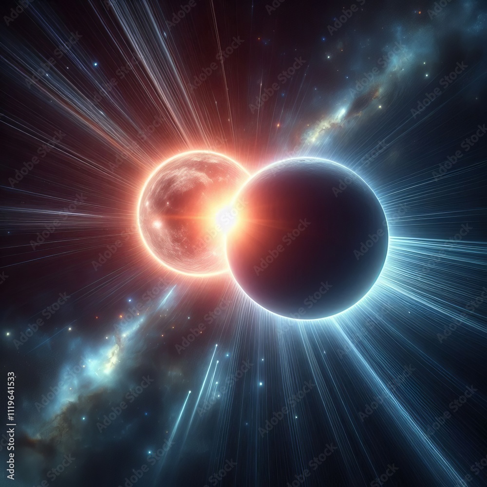 Poster binary star eclipsing a binary star system where one star is ecl