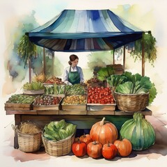 A beautiful watercolor illustration of an organic farmer's market, perfect for eco-branding and food blogs.