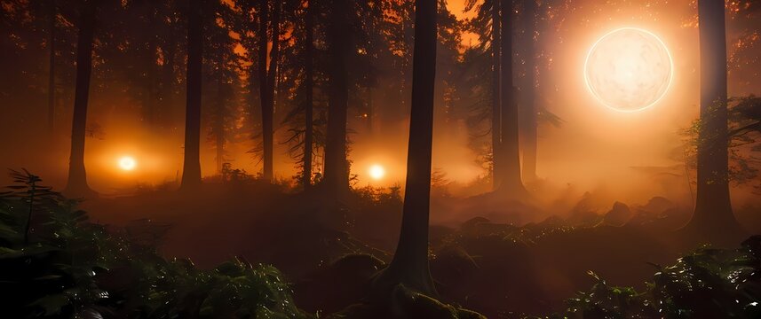 A multi star system planet with two massive suns casting overlapping shadows across its lush orange tinted forest