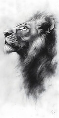 Graphite pencil drawing of lion’s face in side view, majestic simplicity