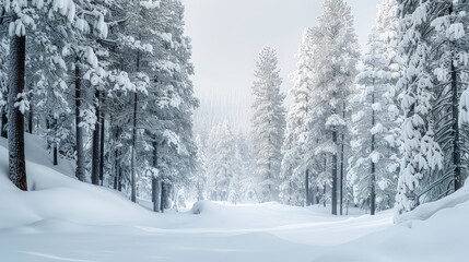 High-end photography of a snow-covered forest with tall pine trees and a serene, white landscape