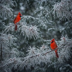 A snowy forest clearing with a red cardinal perched on a frosted tree branch.