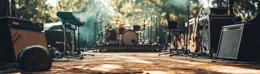 A stage set up for a music performance, featuring instruments and equipment in a natural setting.