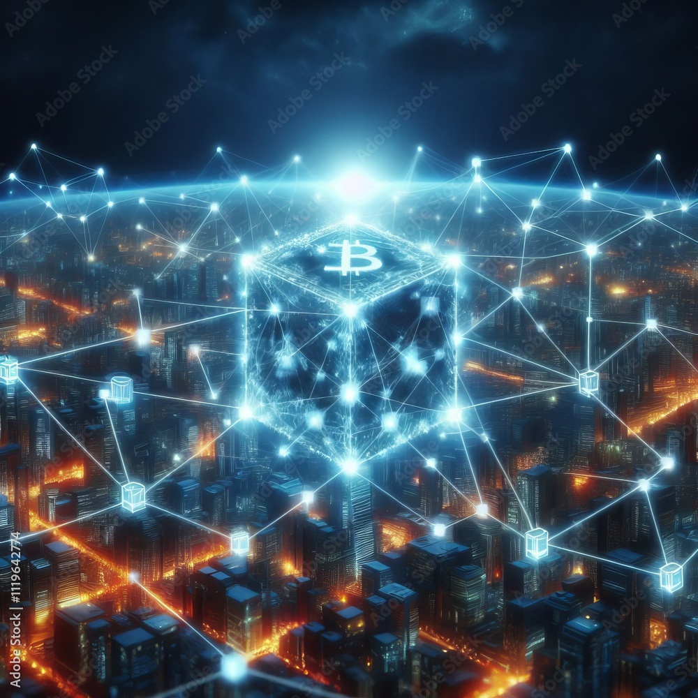 Poster blockchain network a glowing interconnected grid of blocks symbo