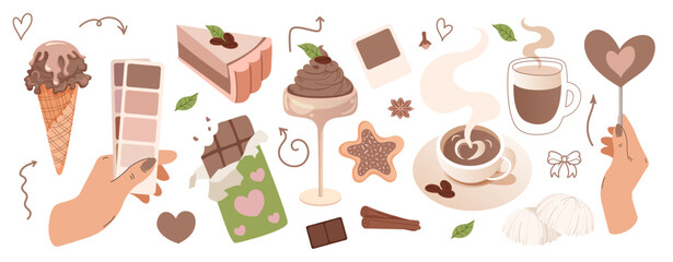 Mocha flavored desserts set. Chocolate mousse, cappuccino, piece of cake. Hand holds palette of colors. Demonstrating the colors of 2025 - Mocha Mousse. Vector flat illustration.