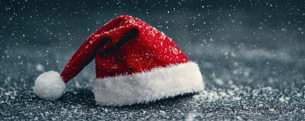 Festive Christmas Santa Hat in Falling Snow Winter Holiday Background