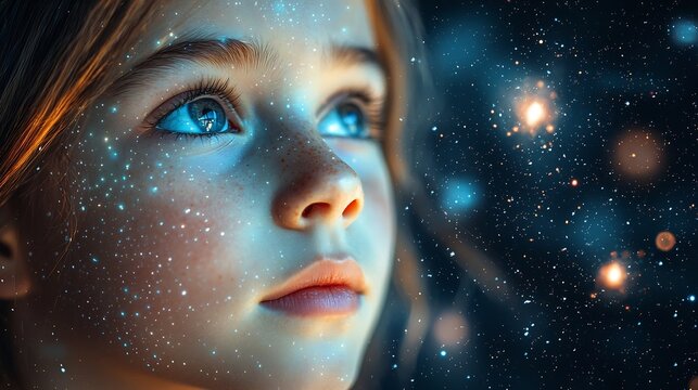 Curious Girl Exploring Holographic Cosmos in Futuristic Classroom Nurturing Young Mind s Limitless Potential