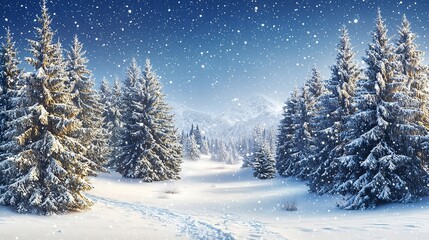 Obraz premium Stylized Winter Landscape with Tall Pine Trees and a Calm, Serene Atmosphere
