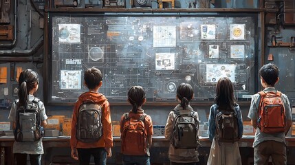 Futuristic Classroom with Students Solving Puzzles and Exploring Educational Concepts