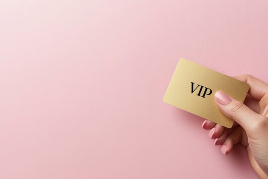 Elegant hand holding a stylish VIP card against a soft pink background