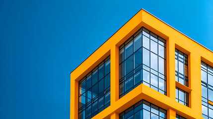 Obraz premium A modern building with a striking yellow exterior and large glass windows, set against a clear blue sky.