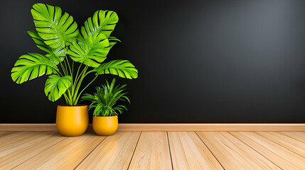 Fototapeta premium A stylish interior featuring lush green plants in yellow pots, set against a sleek black wall and wooden flooring.