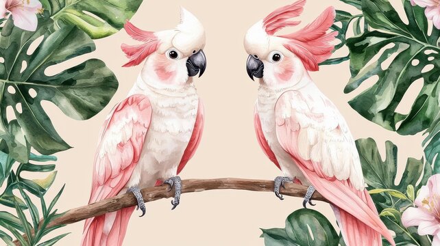 Pastel Pink Parrots Watercolor Tropical Illustration Wall Art Print